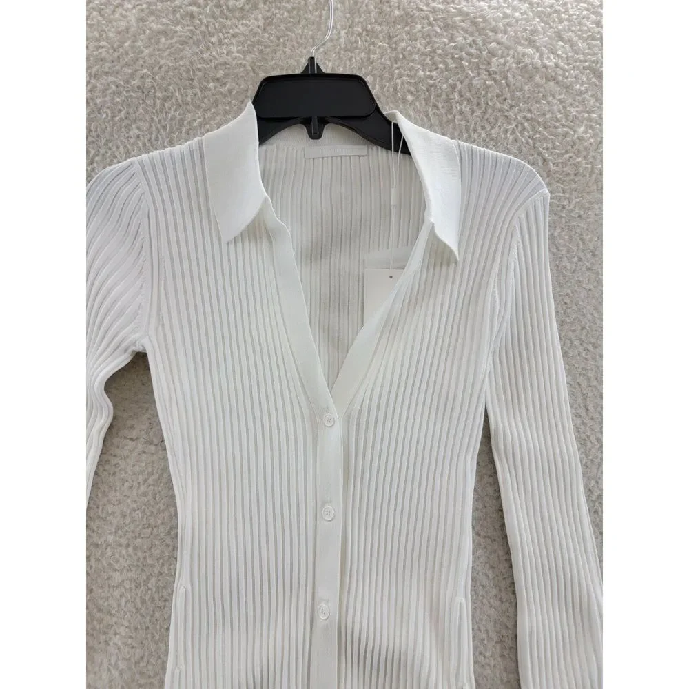 Helmut Lang Collared Rib Knit Cardigan Women's XS White Long Sleeve Button Front - Picture 2 of 15